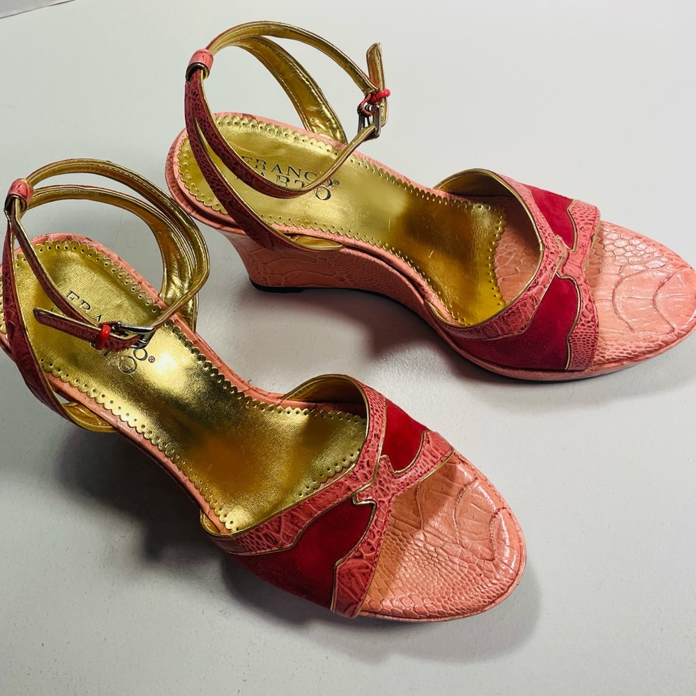 Franco Sarto Red and Pink Faux Snakeskin Ankle Wrap Wedges 8 - Picture 5 of 12